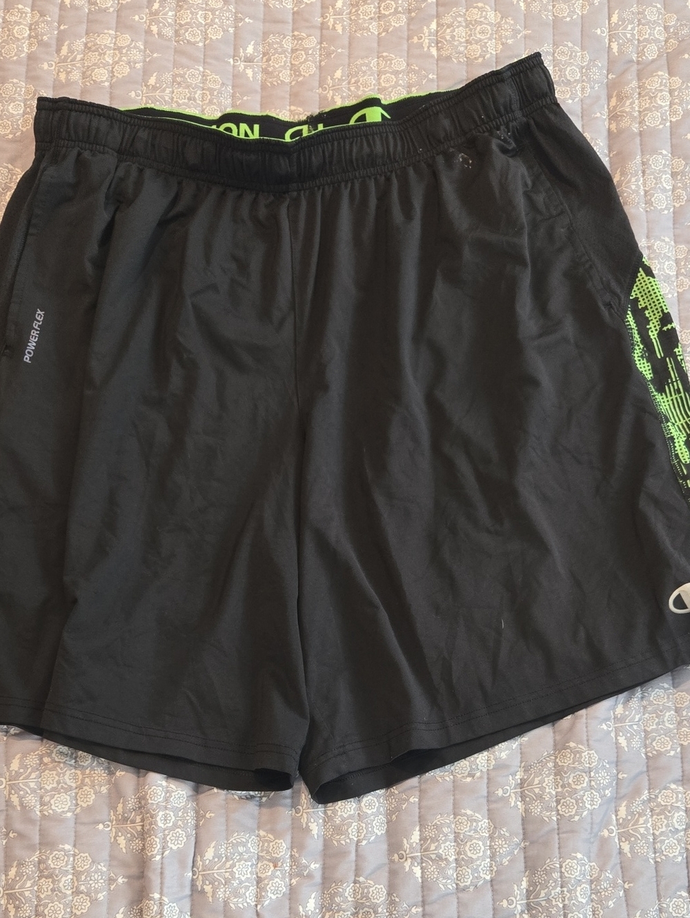 Champion Black Athletic Shorts with Neon Green Detailing